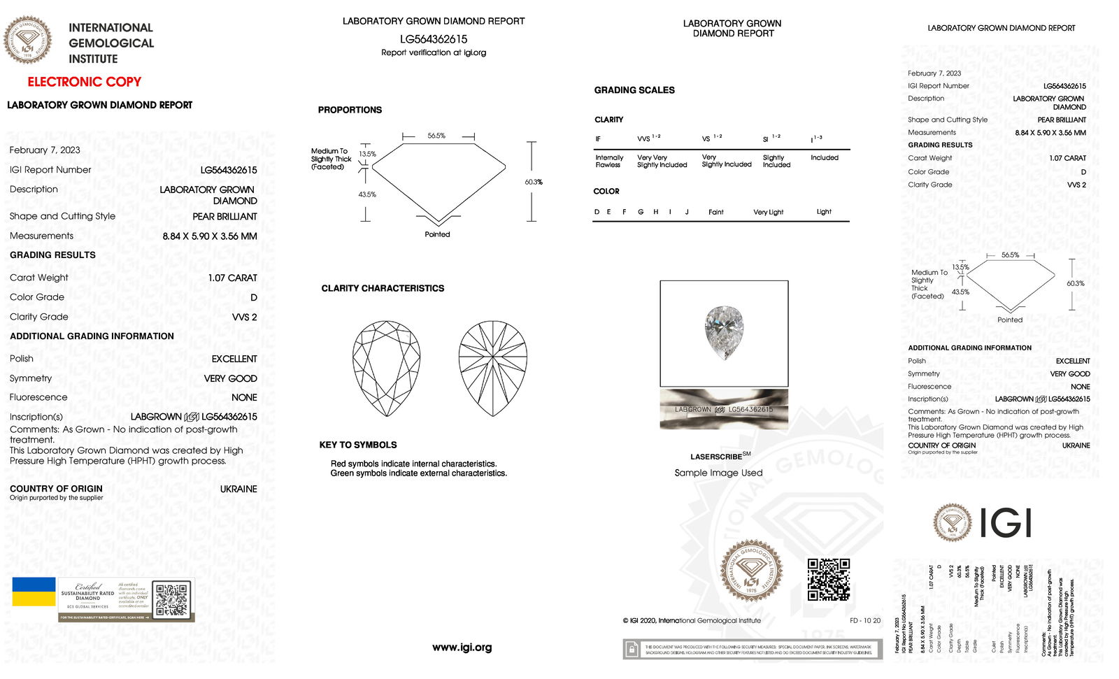 Certificate of diamond 1.07 Carat Pear Diamond