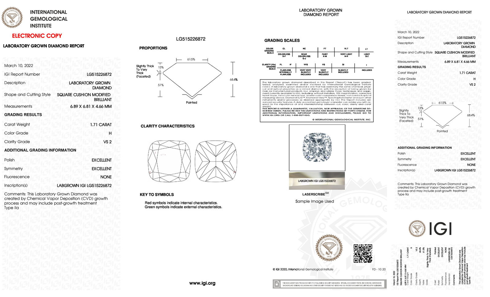 Certificate of diamond 1.71 Carat Cushion Diamond