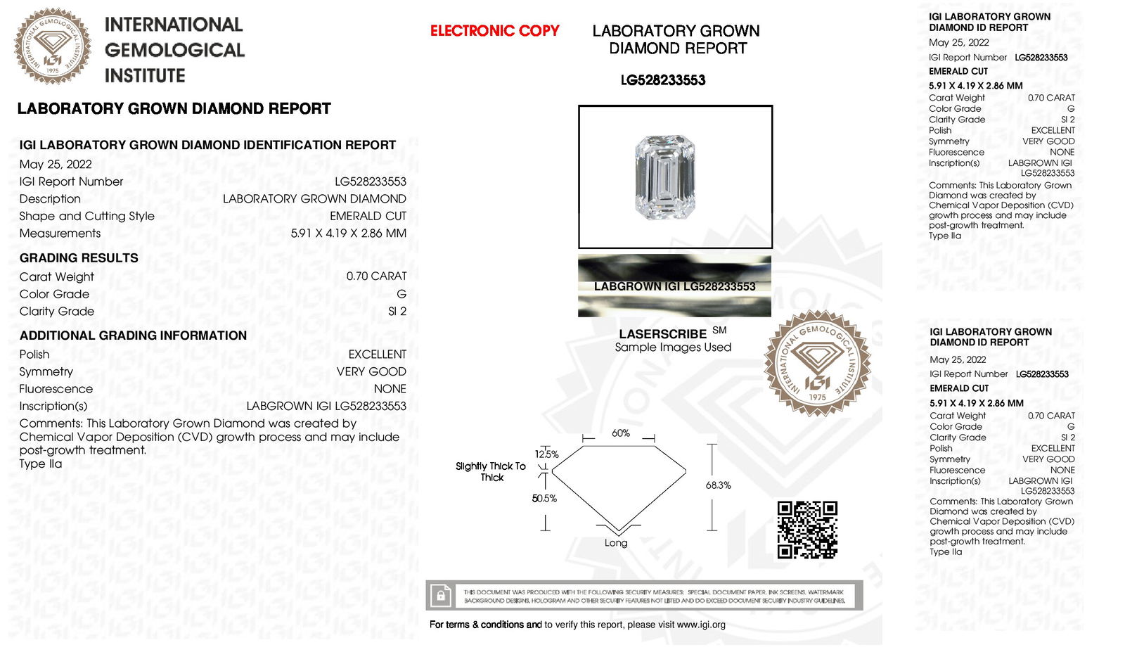 Certificate of diamond 0.7 Carat Emerald Diamond