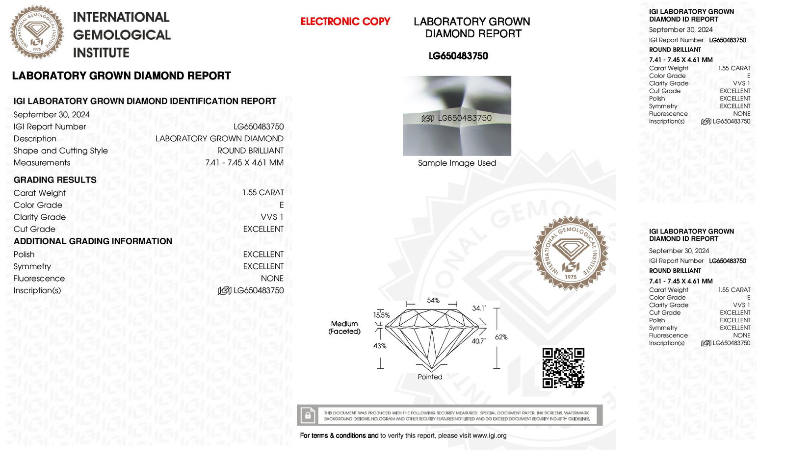 Certificate of diamond 1.55 Carat Round Diamond
