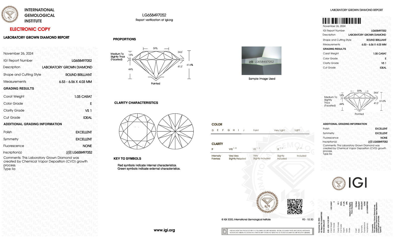 Certificate of diamond 1.05 Carat Round Diamond