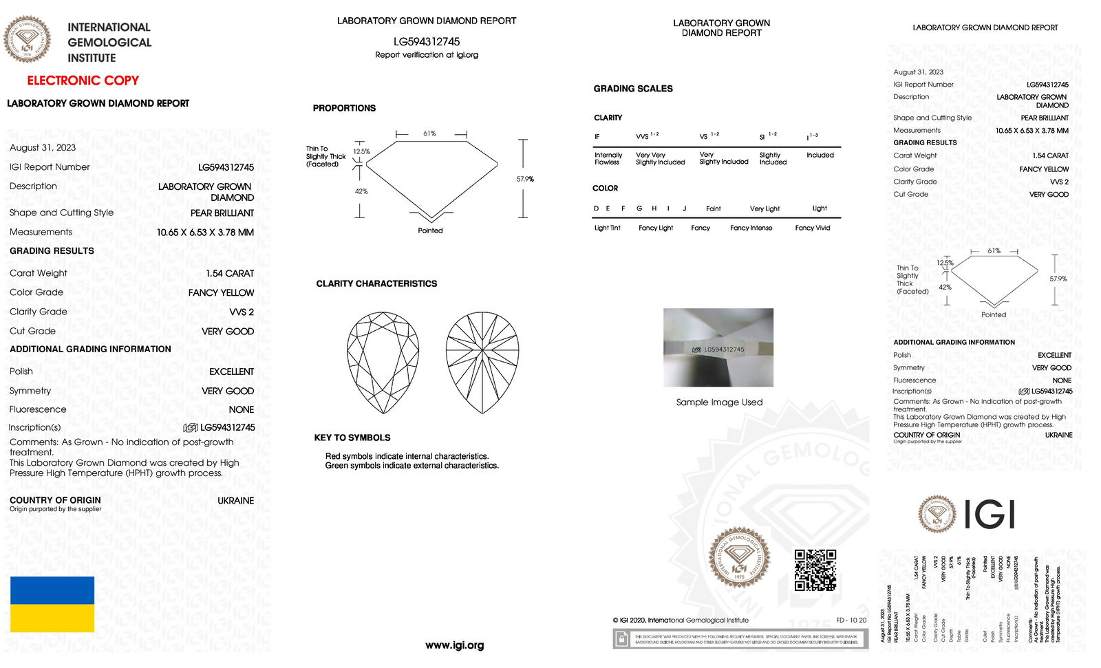 Certificate of diamond 1.54 Carat Pear Diamond