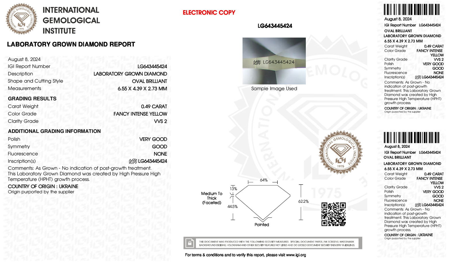 Certificate of diamond 0.49 Carat Oval Diamond