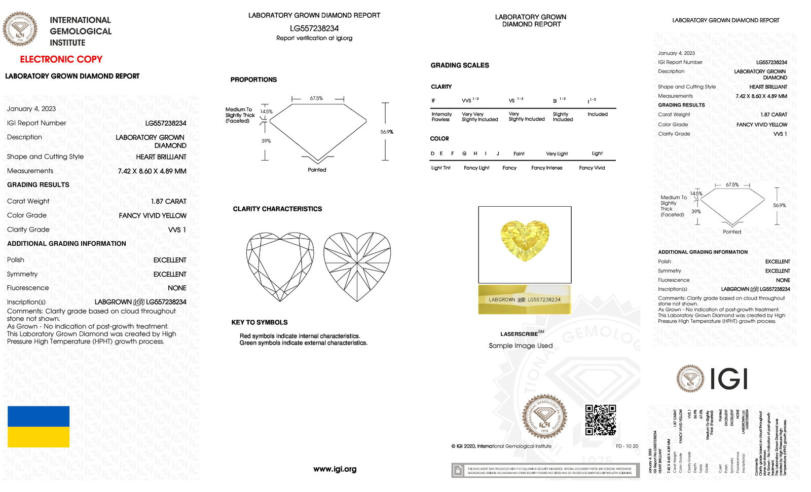 Certificate of diamond 1.87 Carat Heart Diamond