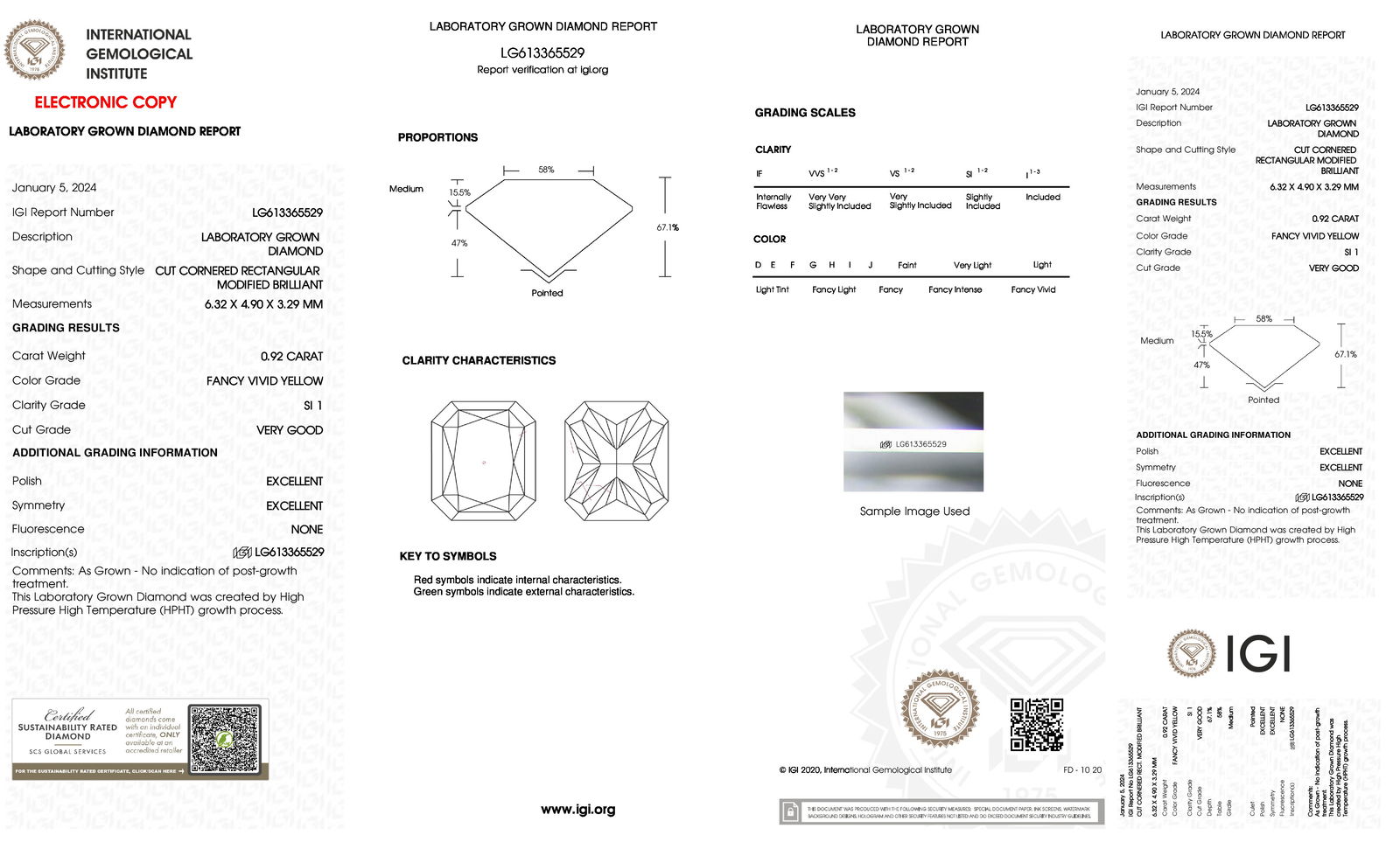 Certificate of diamond 0.92 Carat Radiant Diamond